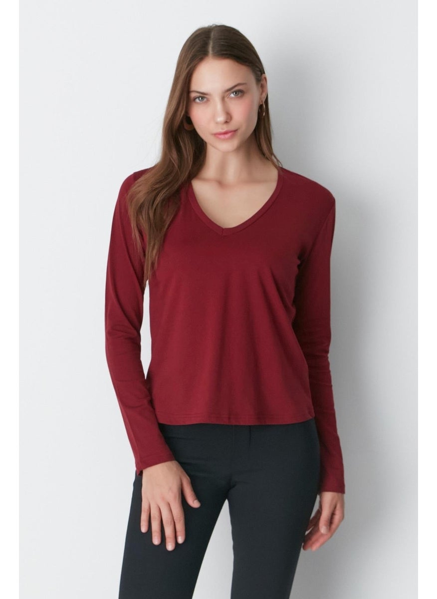 V Neck Long Sleeve 2-Piece Basic T-Shirt 954 Indigo/burgundy