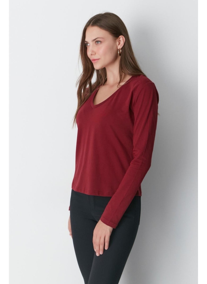 V Neck Long Sleeve 2-Piece Basic T-Shirt 954 Indigo/burgundy