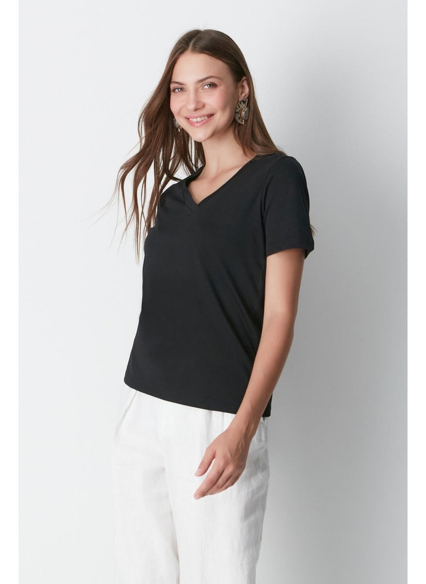 V Neck Short Sleeve 2-Piece Basic T-Shirt 962 Black