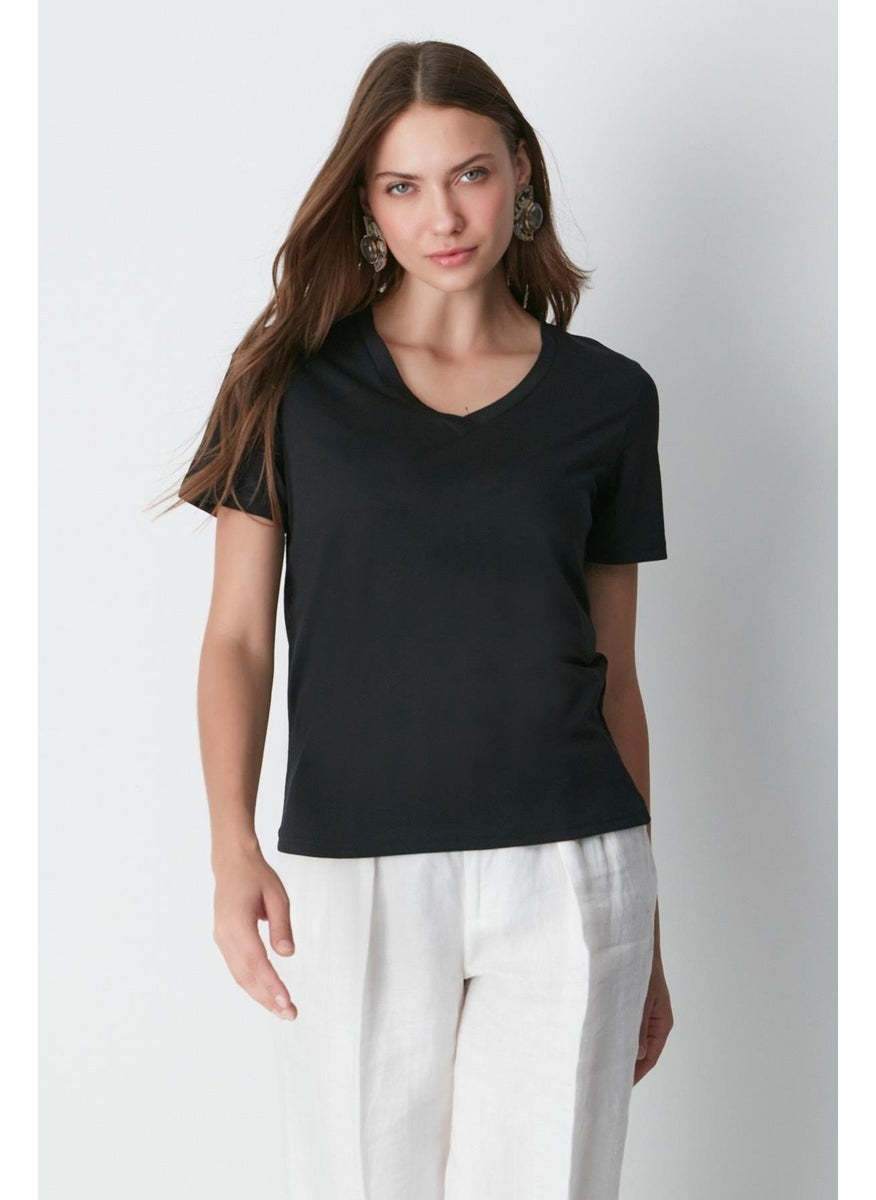 V Neck Short Sleeve 2-Piece Basic T-Shirt 962 Black