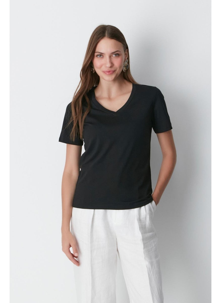 V Neck Short Sleeve 2-Piece Basic T-Shirt 962 Black