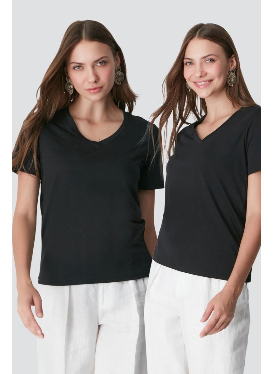 V Neck Short Sleeve 2-Piece Basic T-Shirt 962 Black