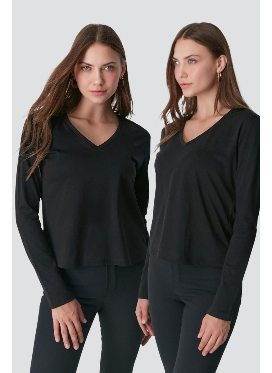 V Neck Long Sleeve 2-Piece Basic T-Shirt 954 Black