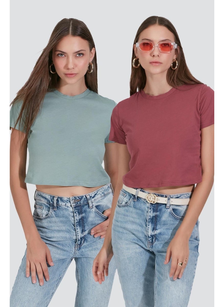 Crew Neck Short Sleeve 2-Piece Crop T-Shirt 956 Almond/Dried Rose