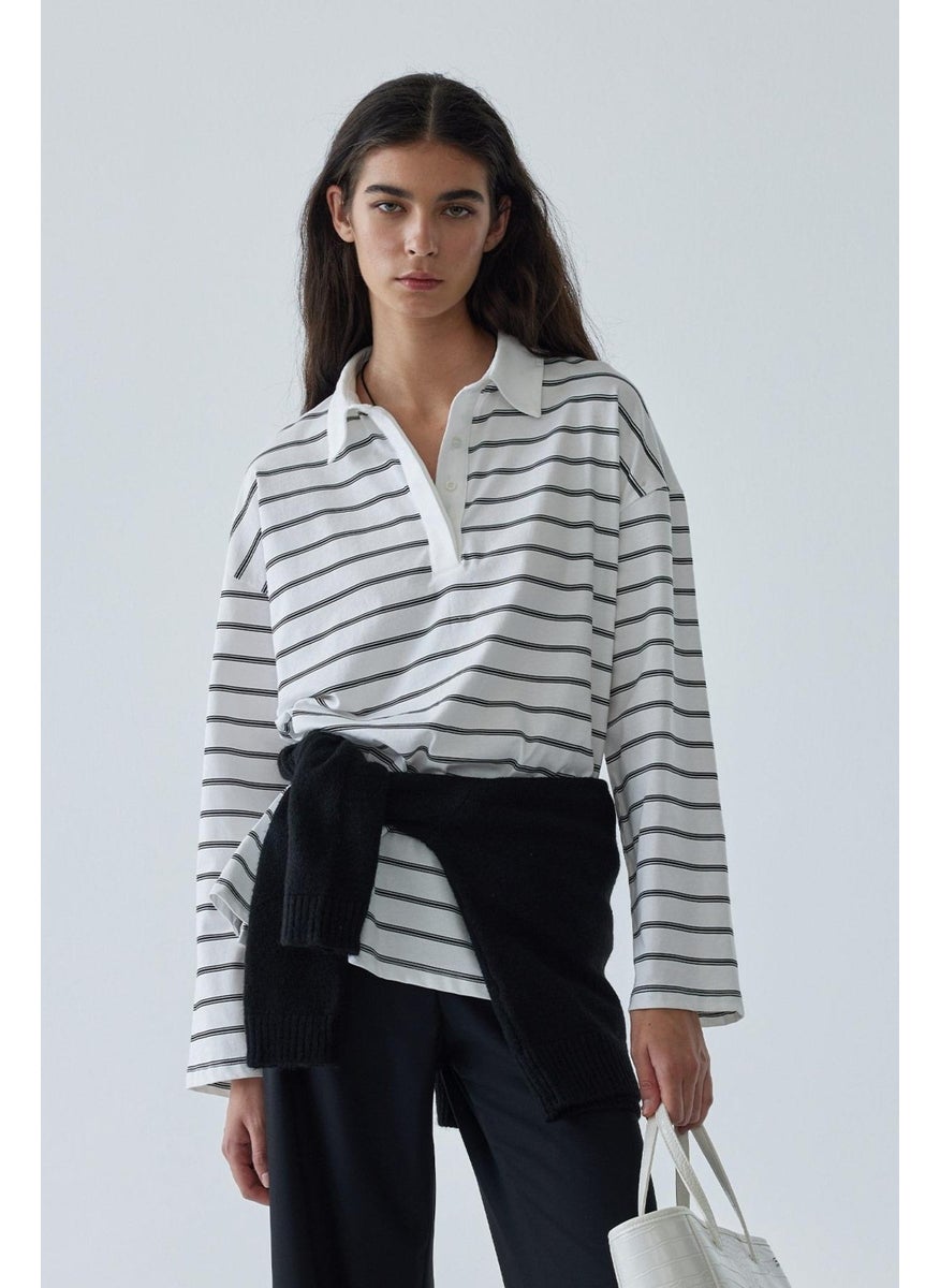 White Striped Polo Neck T-Shirt