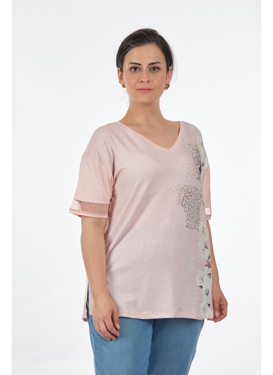 V-neck Plus Size Powder Women's T-Shirt MY2150P10753