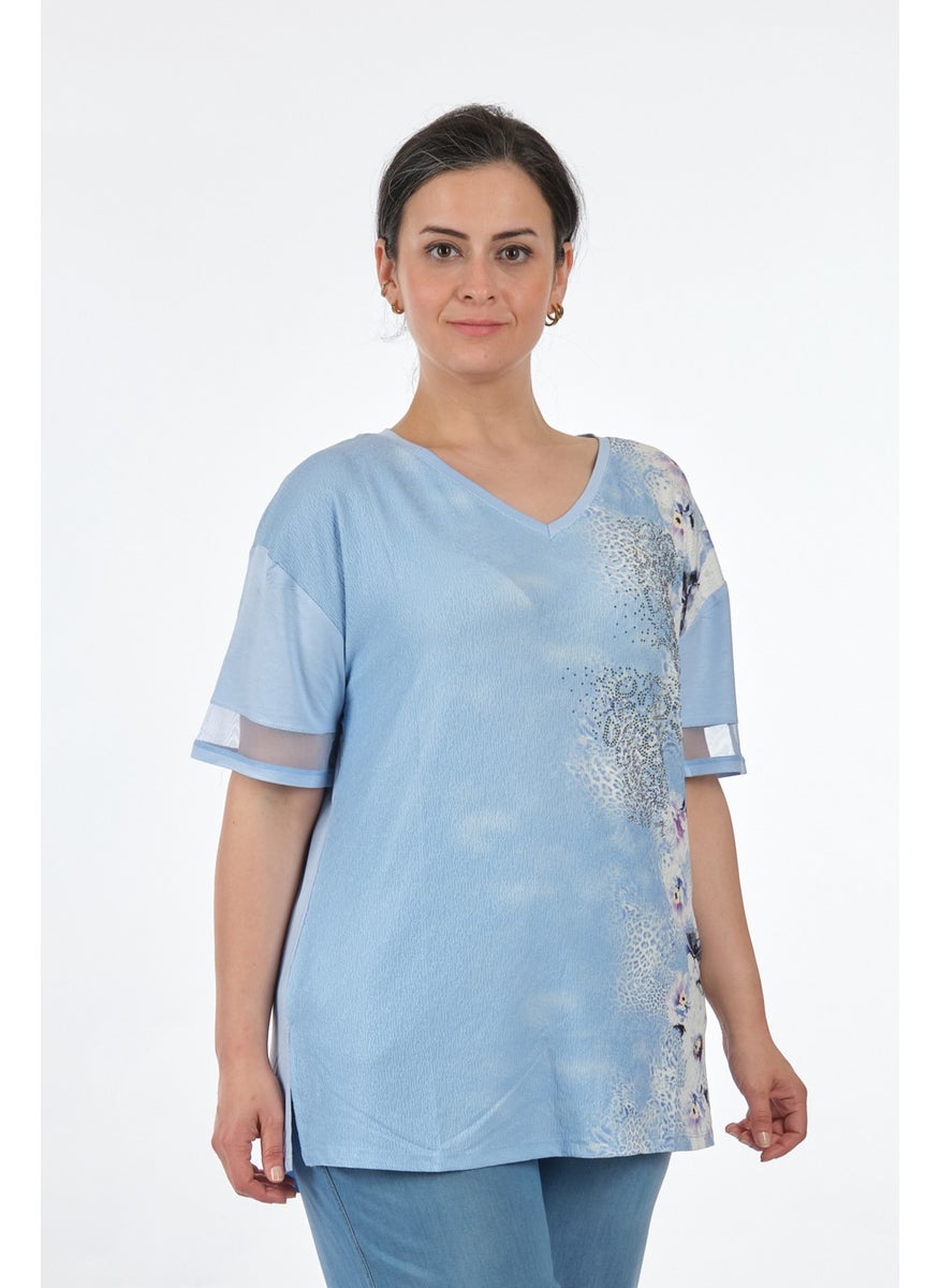 V-neck Plus Size Baby Blue Women's T-Shirt MY2150P10753