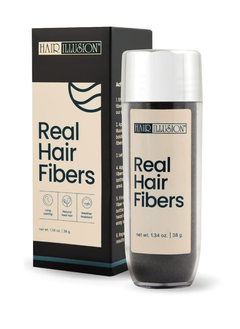 Hair Illusion Black Real Hair Fibers for Thinning Hair - 100% Natural Texture, Non Synthetic Hair Fibers - Bald Spot Cover Up for Women & Men - 38 Gram