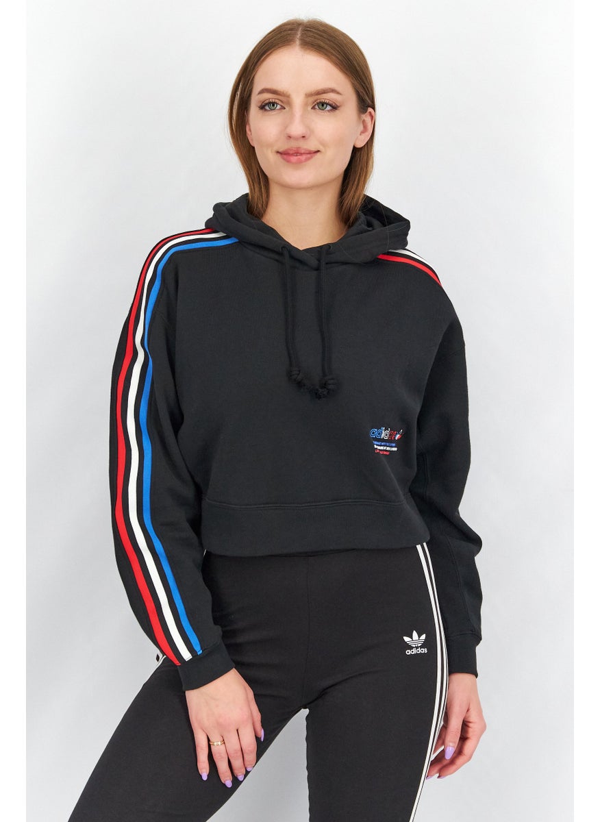 Women Sportswear Fit Long Sleeves Tri-Color Hooded Crop Sweatshirt, Black