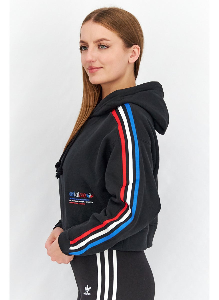 Women Sportswear Fit Long Sleeves Tri-Color Hooded Crop Sweatshirt, Black