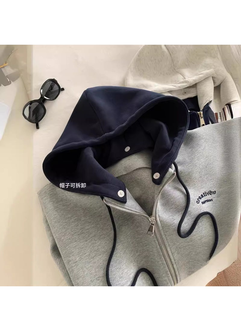 Detachable Hoodie Zipper Sweatshirt Womens Loose Korean Fashion Baseball Jacket Spring Gray