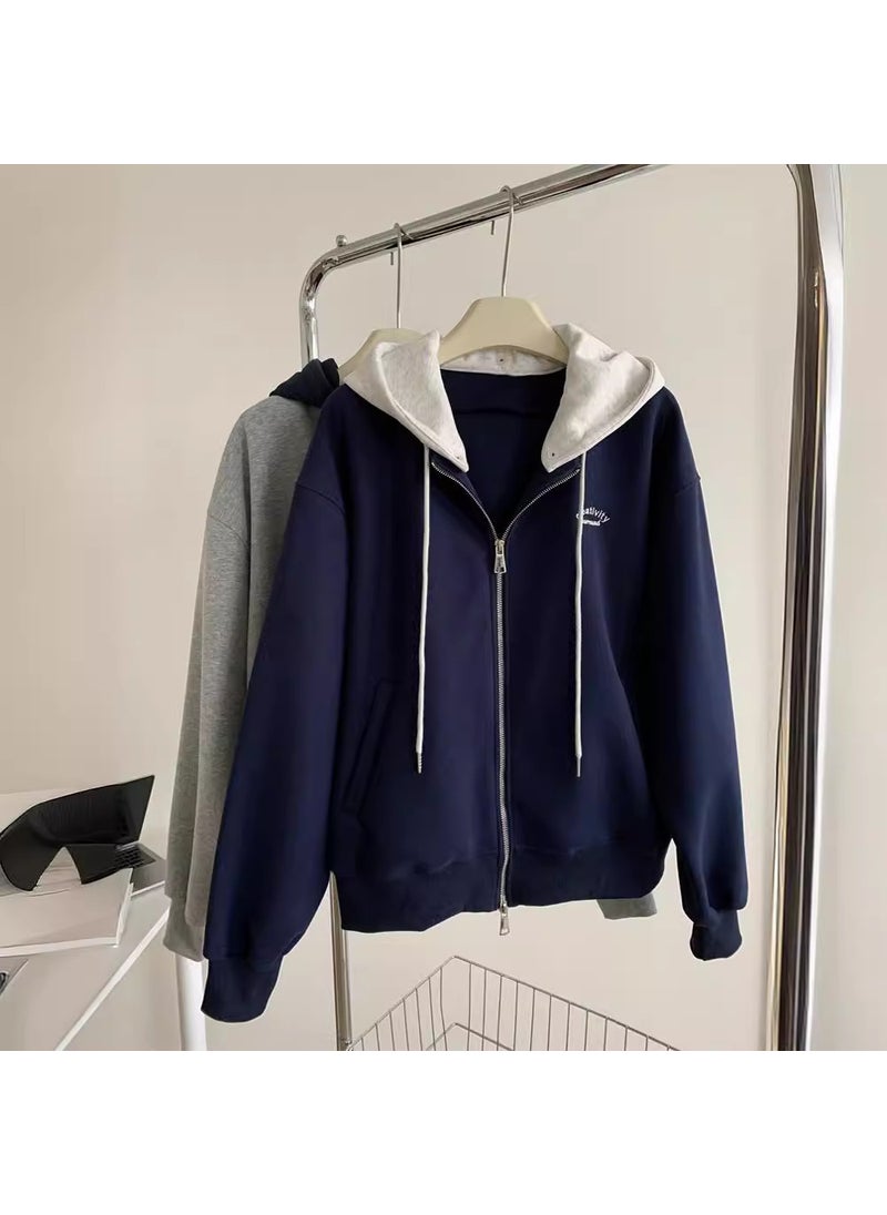 Detachable Hoodie Zipper Sweatshirt Womens Loose Korean Fashion Baseball Jacket Spring Gray