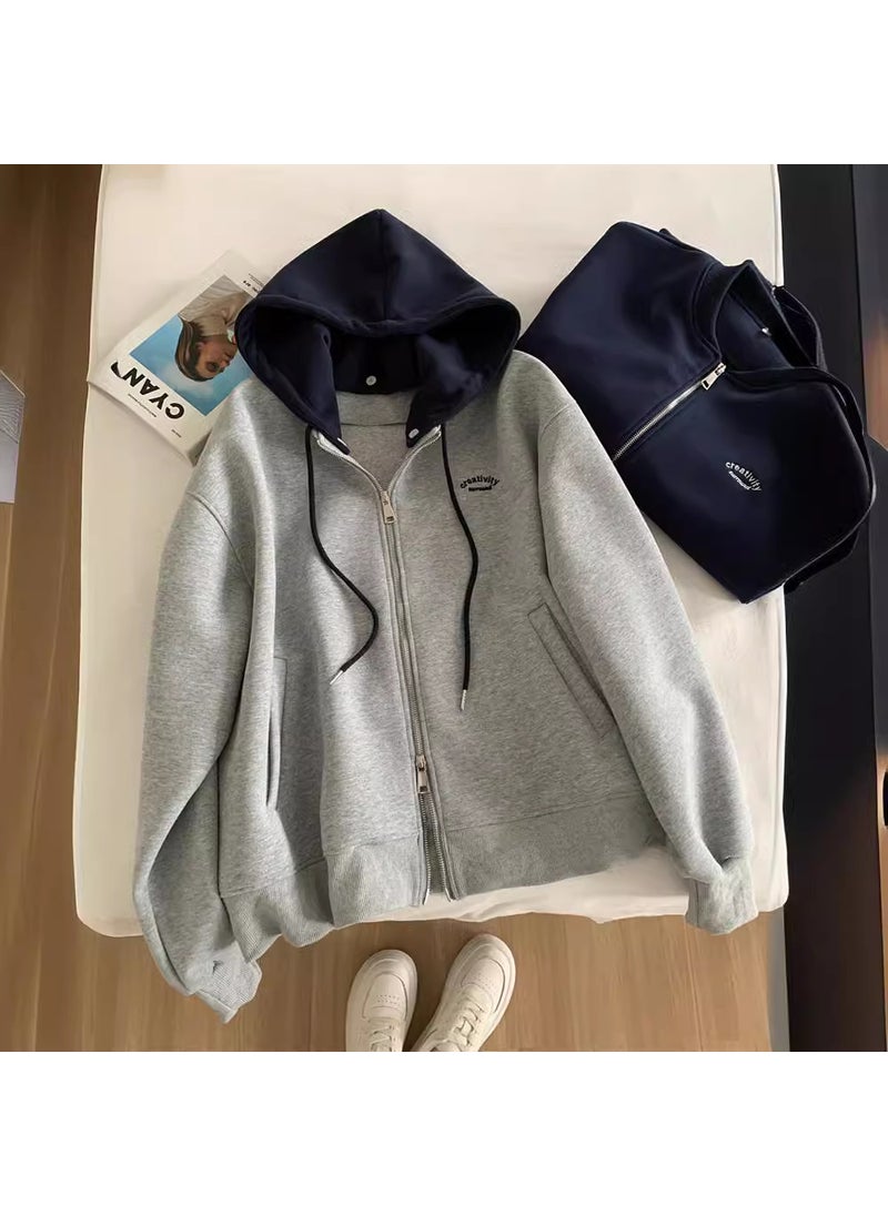 Detachable Hoodie Zipper Sweatshirt Womens Loose Korean Fashion Baseball Jacket Spring Gray