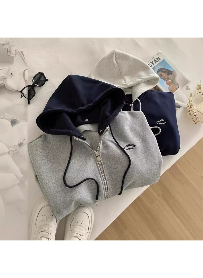 Detachable Hoodie Zipper Sweatshirt Womens Loose Korean Fashion Baseball Jacket Spring Gray