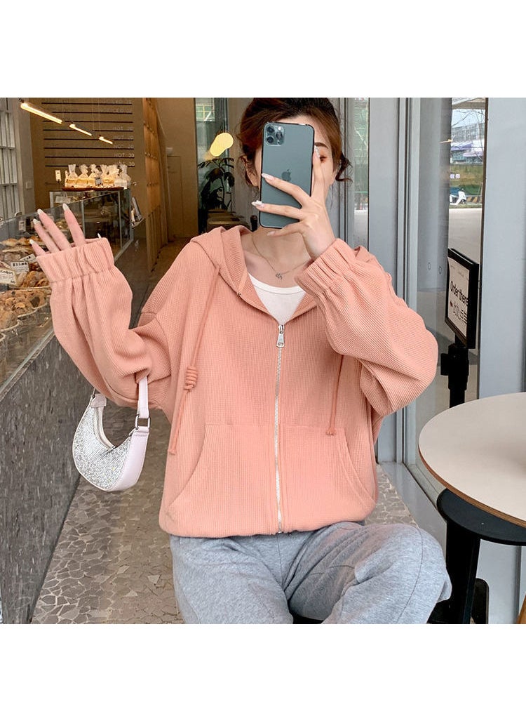 2024 Womens Casual Hooded Zip-up Sweatshirt Orange pink