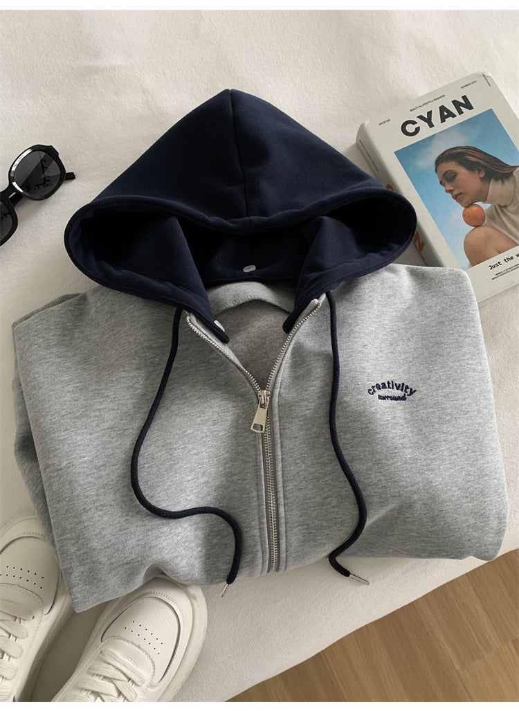 Detachable Hoodie Zipper Sweatshirt Womens Loose Korean Fashion Baseball Jacket Spring Navy blue