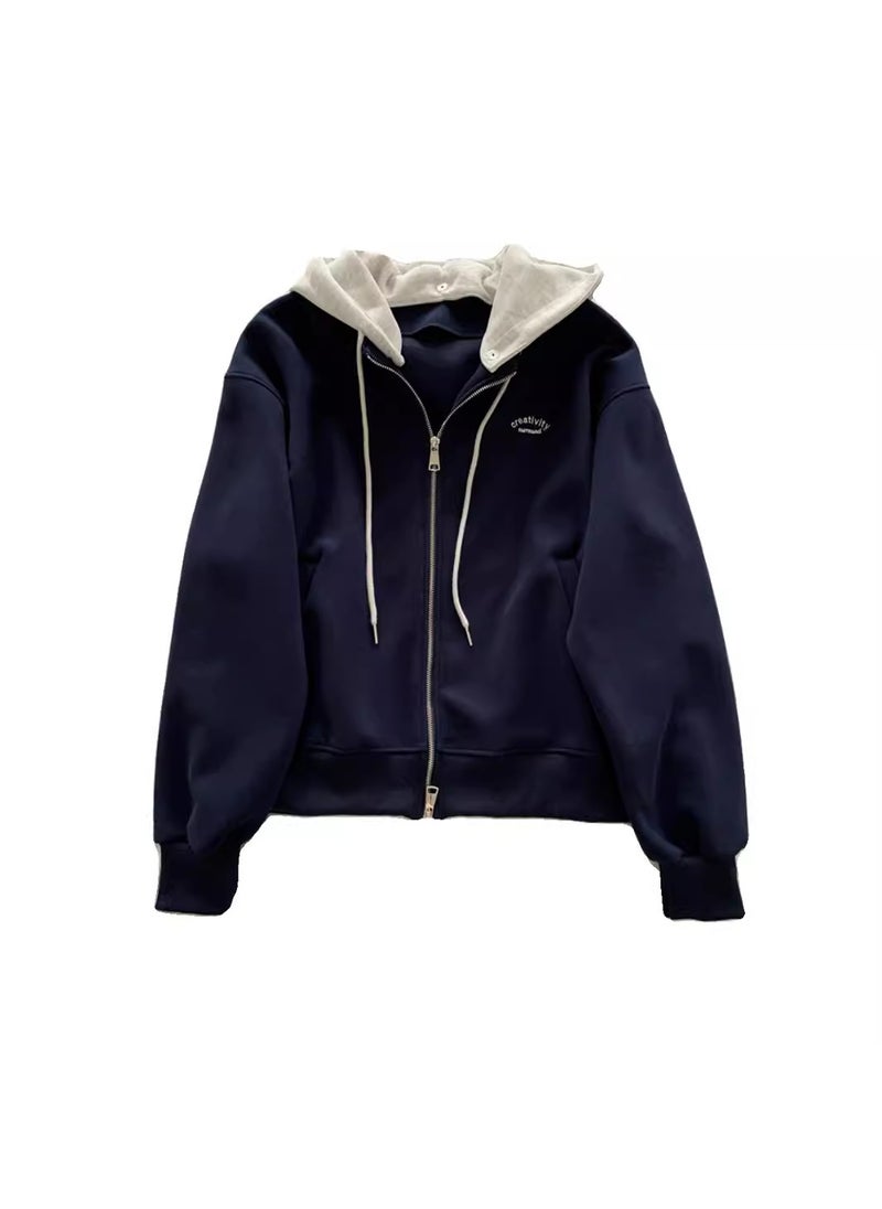 Detachable Hoodie Zipper Sweatshirt Womens Loose Korean Fashion Baseball Jacket Spring Navy blue