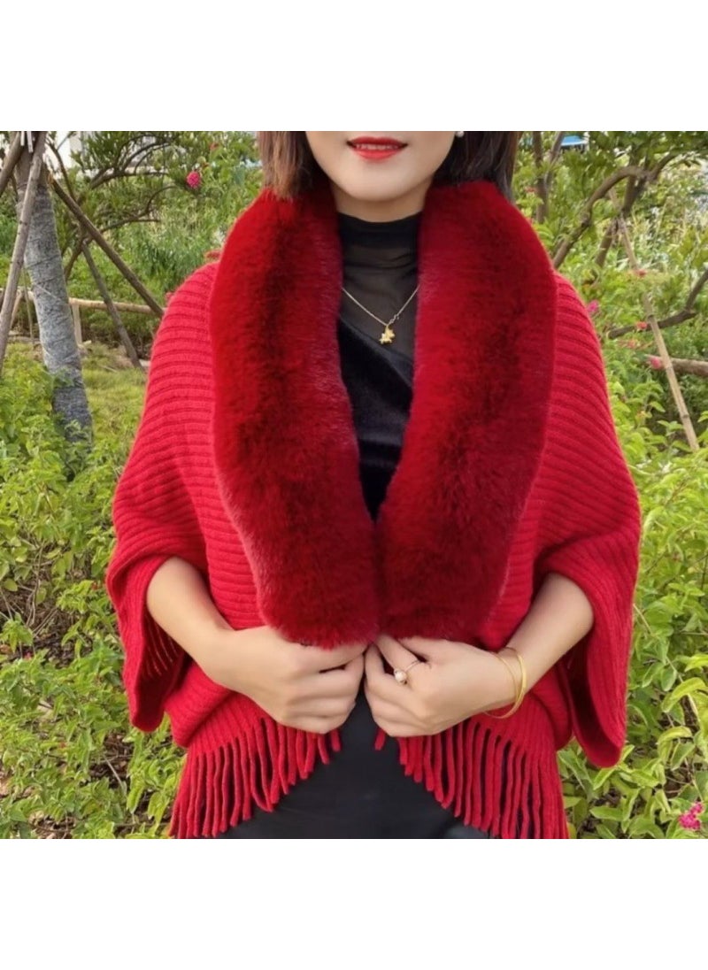 New 615# Wool-Collar Cape Shawl Batwing Knit Cardigan Red