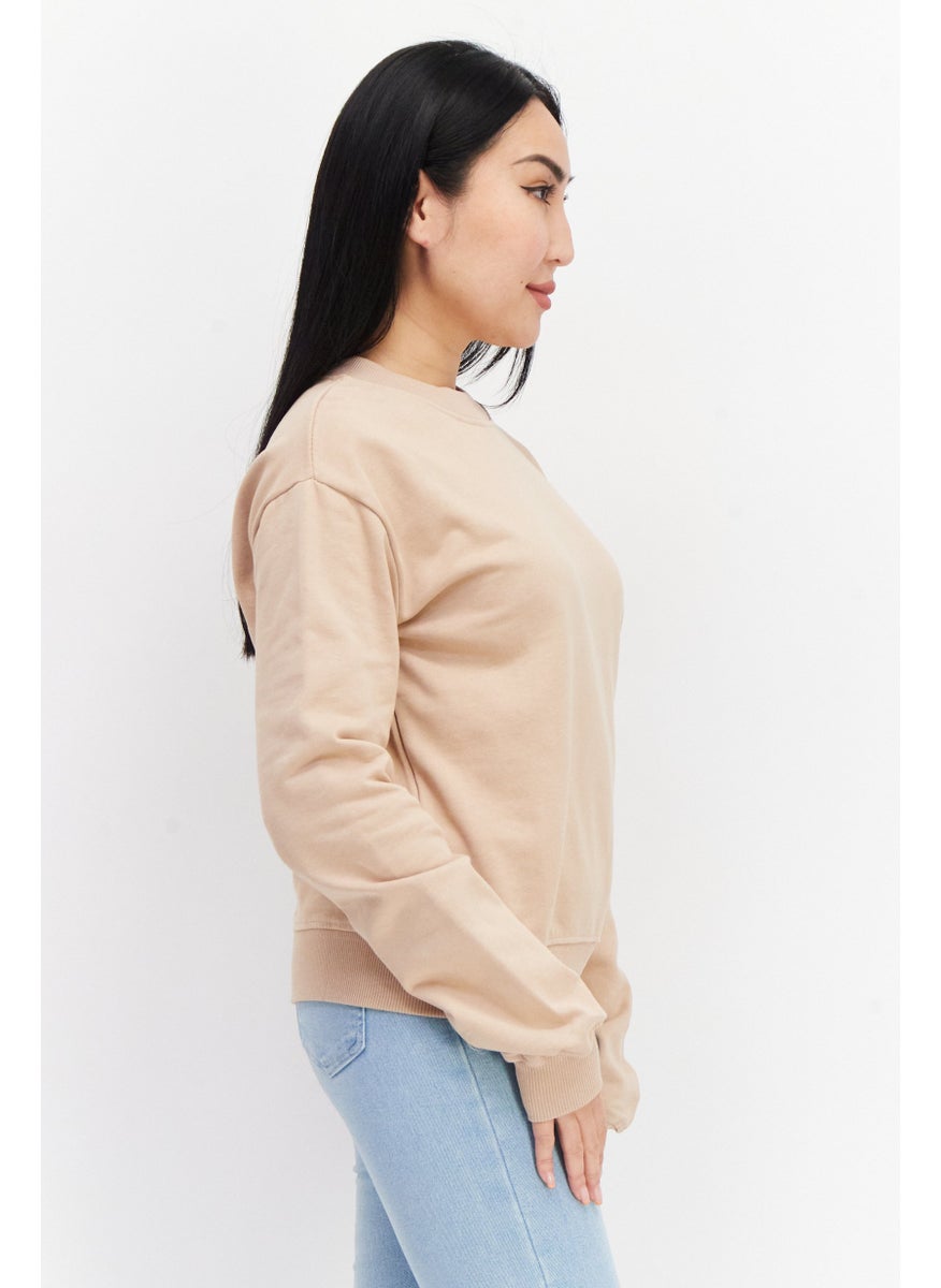 Women Round Neck Plain Sweatshirt, Beige