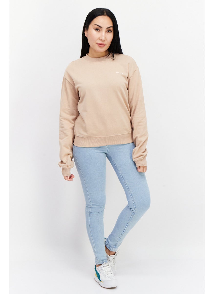 Women Round Neck Plain Sweatshirt, Beige