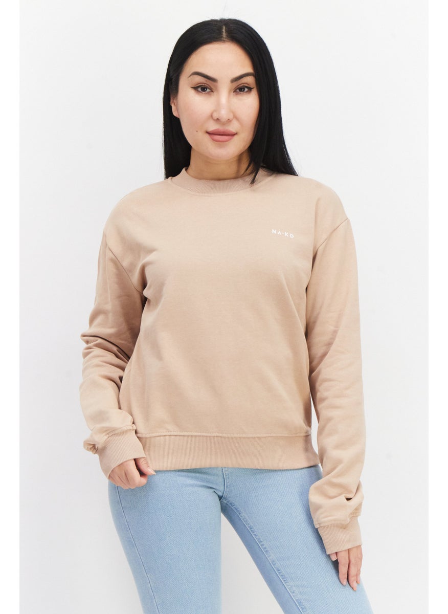 Women Round Neck Plain Sweatshirt, Beige