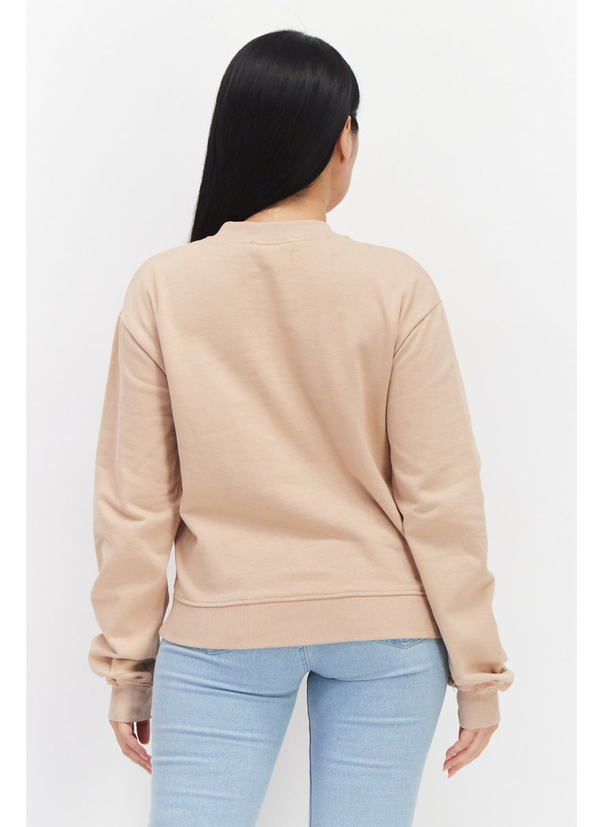 Women Round Neck Plain Sweatshirt, Beige