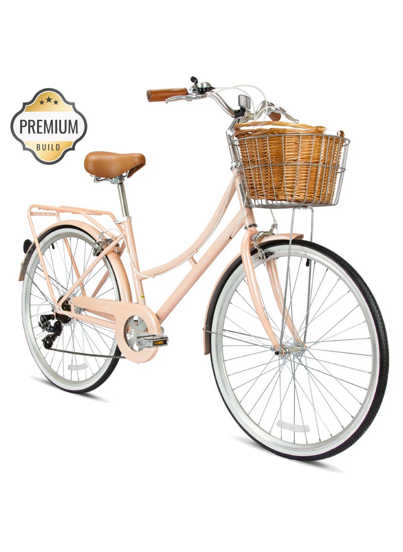 Spartan Platinum City Bike – 700c – Bikes With Gears for Women – Cruiser Bicycle for Ladies – Includes Rear Rack, Vintage Basket and Stand, Comfort Saddle – Commuter Bicycles - Peach