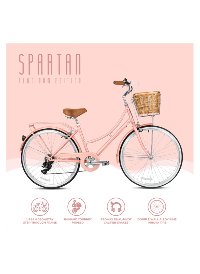 Spartan Platinum City Bike – 700c – Bikes With Gears for Women – Cruiser Bicycle for Ladies – Includes Rear Rack, Vintage Basket and Stand, Comfort Saddle – Commuter Bicycles - Peach