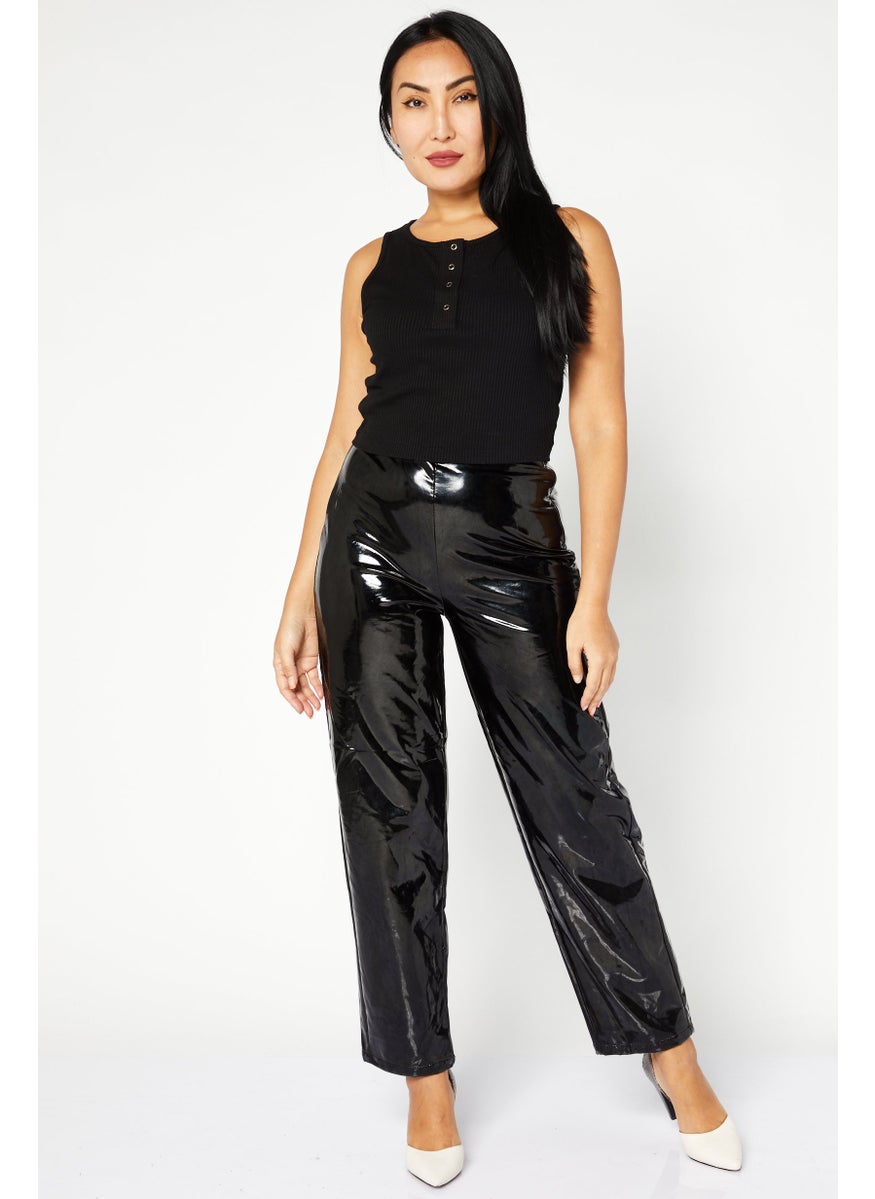 Women Regular Fit Solid Leather Pant, Black