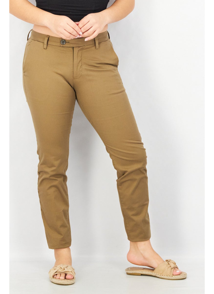 Women Regular Fit Plain Pants, Khaki