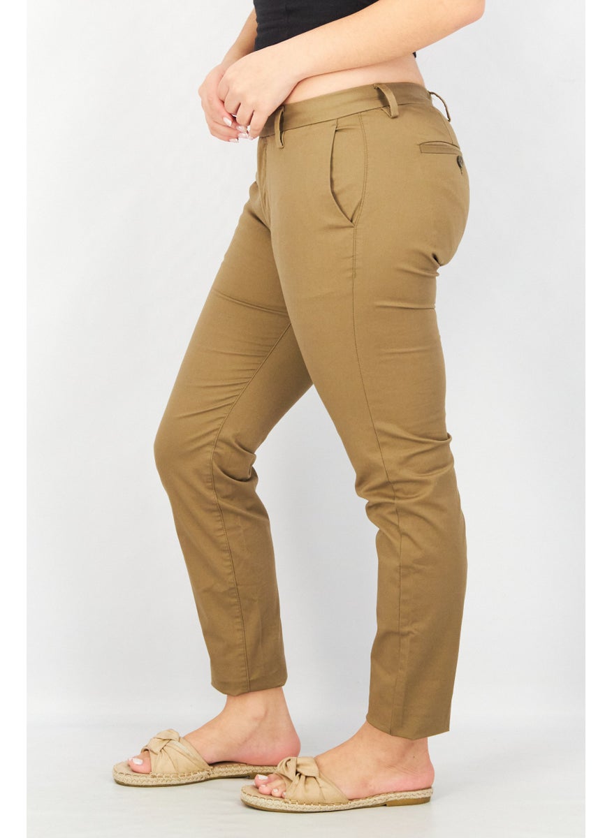 Women Regular Fit Plain Pants, Khaki