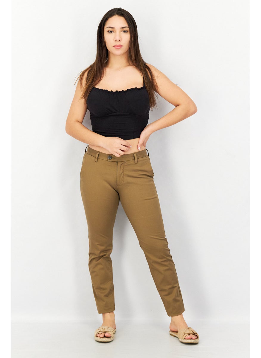 Women Regular Fit Plain Pants, Khaki