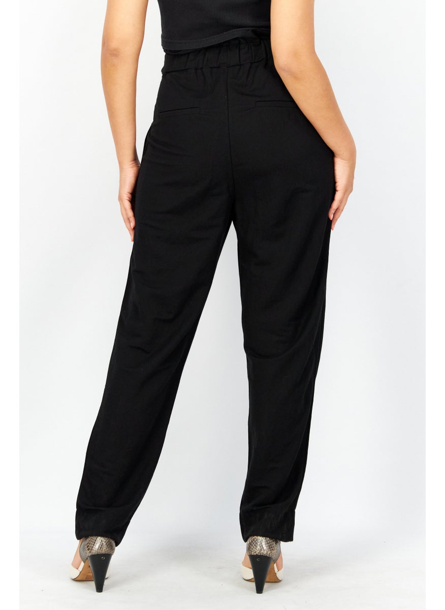 Women Plain Belted Straight Pants, Black