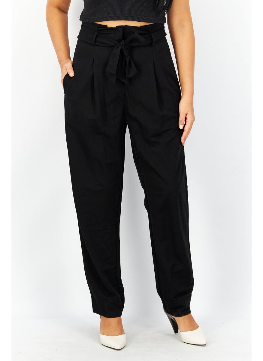 Women Plain Belted Straight Pants, Black