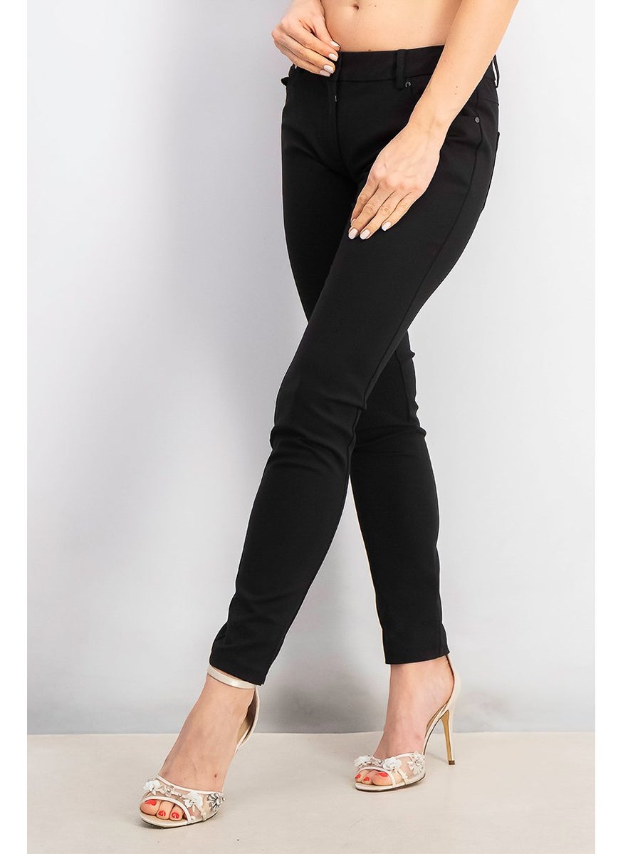 Women Plain Five Pocket Belt Loops Pants, Black