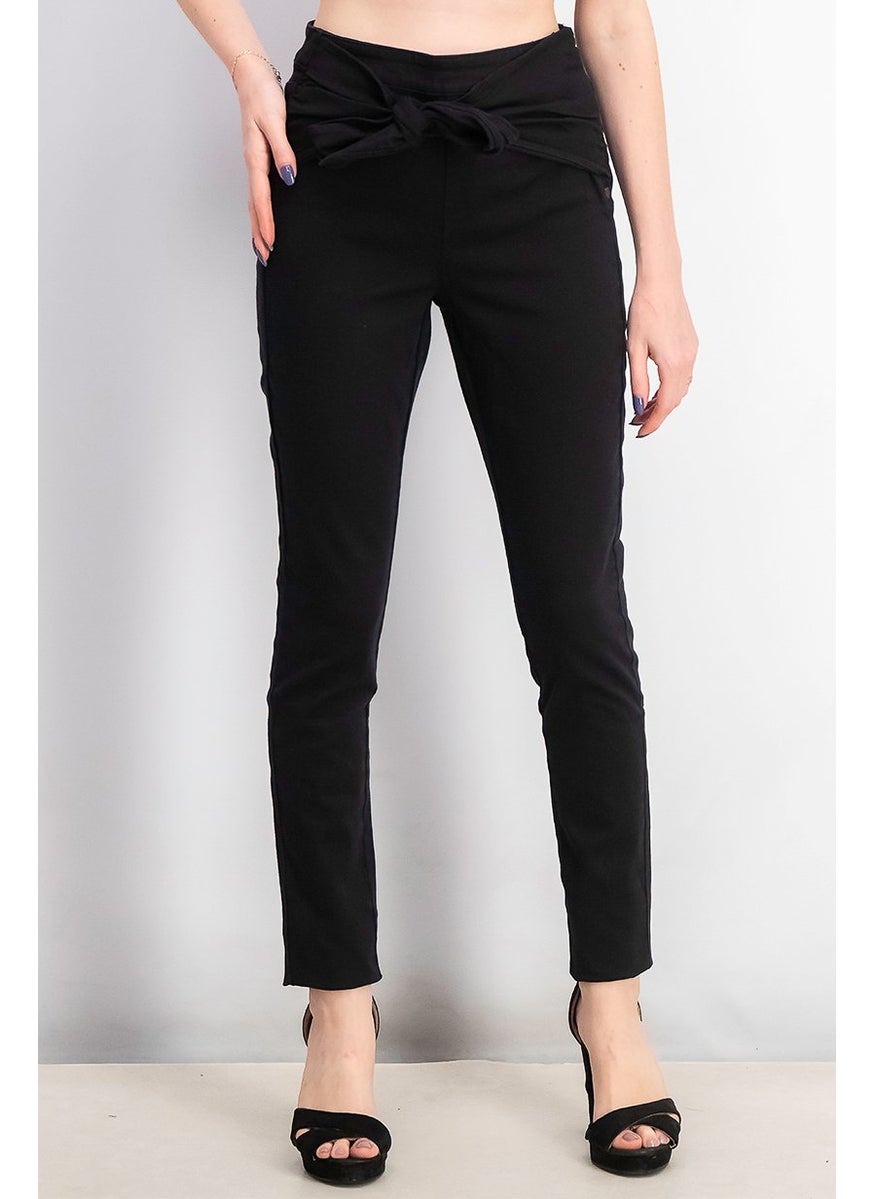 Women Regular Fit Plain Belted Stretchable Pants, Black