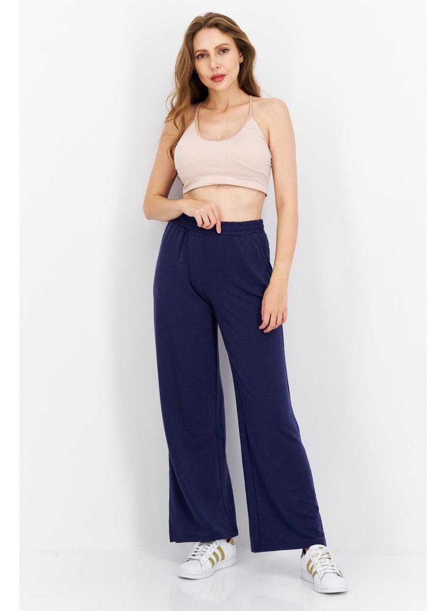 Women Pull On Wide Leg Plain Pants, Navy Blue