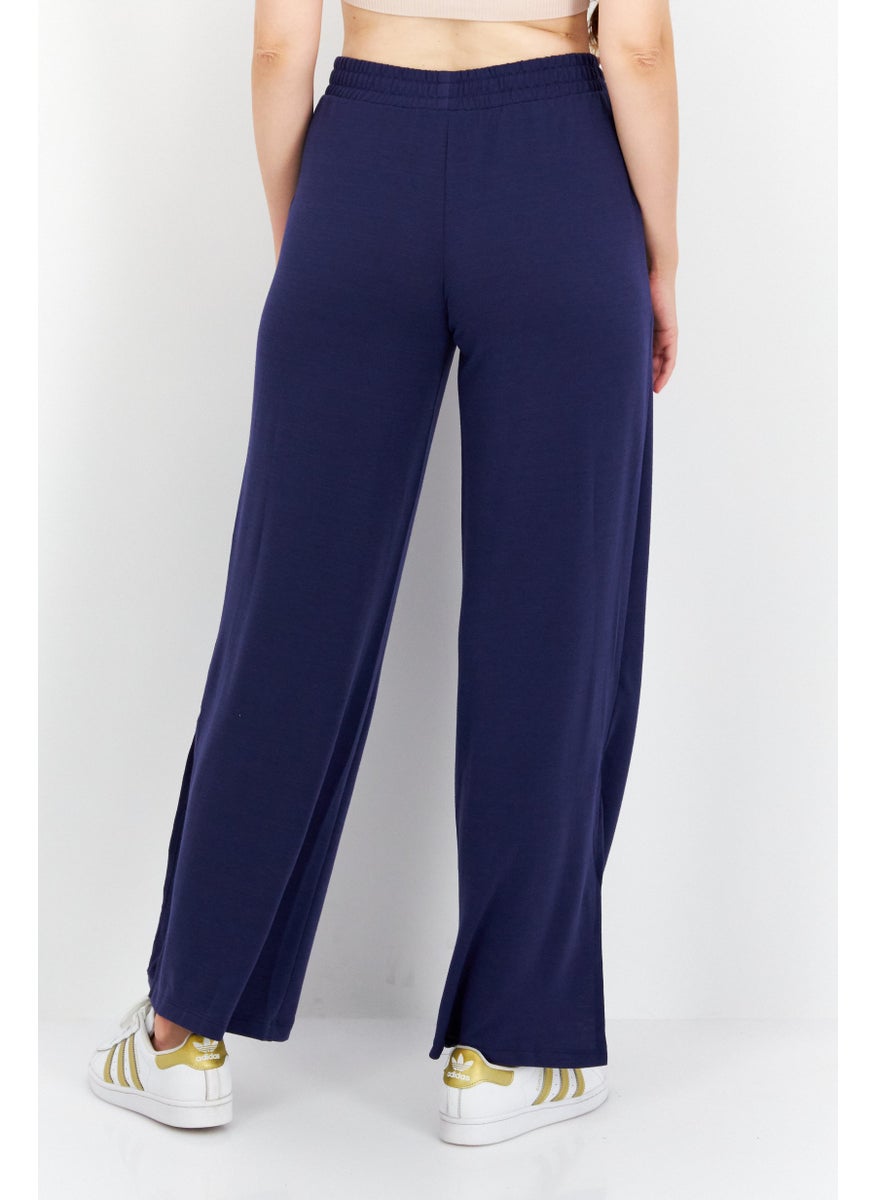 Women Pull On Wide Leg Plain Pants, Navy Blue