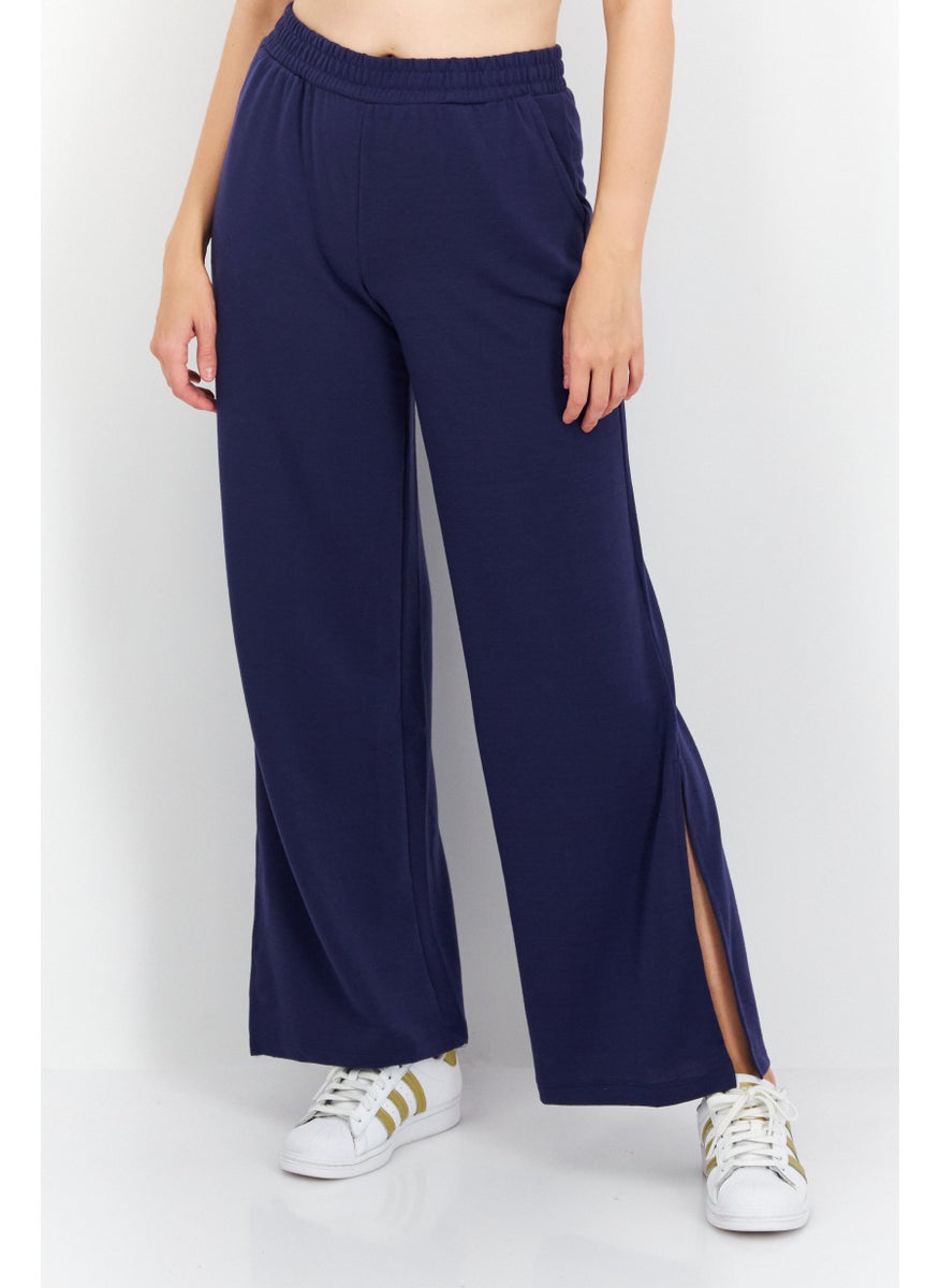 Women Pull On Wide Leg Plain Pants, Navy Blue