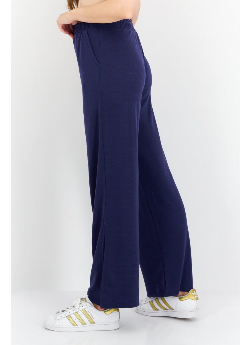 Women Pull On Wide Leg Plain Pants, Navy Blue