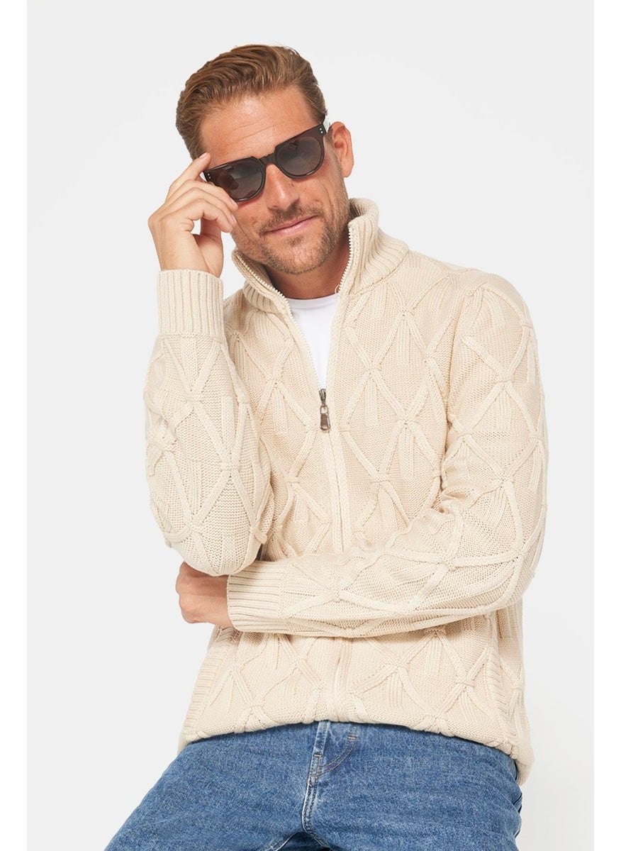 Slim Fit Patterned Stand Collar Zippered Men's Beige Cardigan