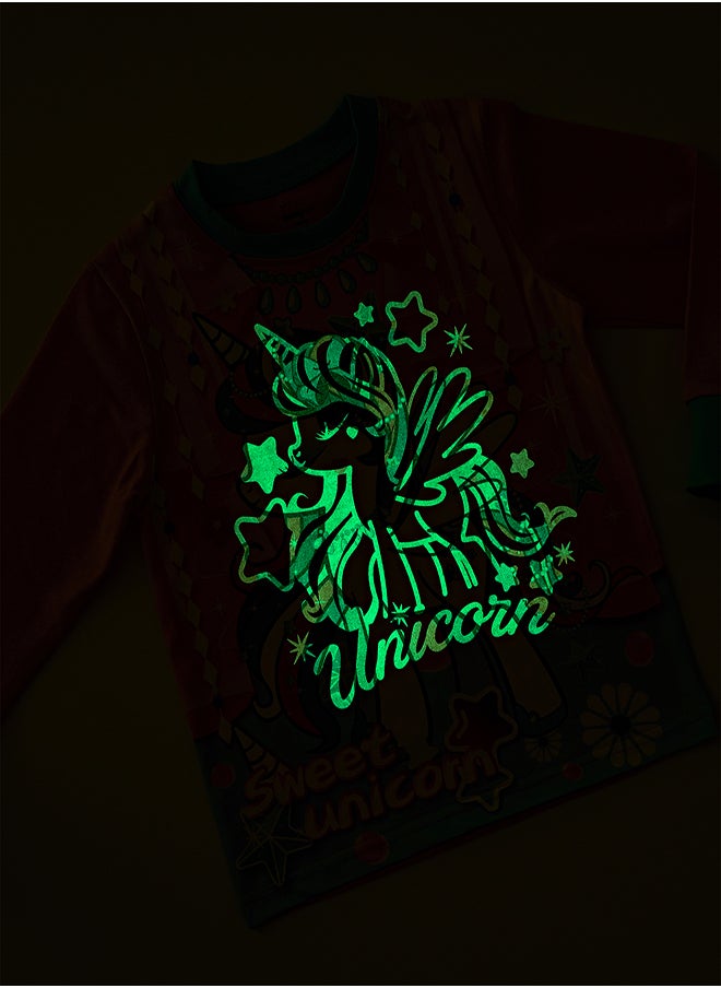 Sweet Unicorn Glow-in-the-Dark Cotton Pajama Set for Girls