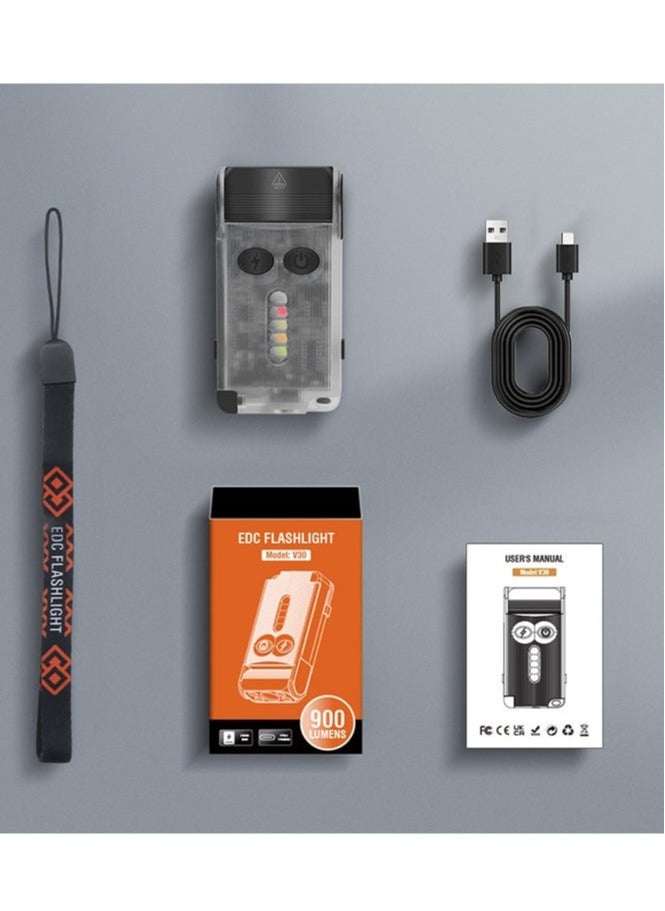V30 LED Keychain EDC Fluorescence Flashlight Clip Warm Work Light Type-C Rechargeable Torch Magnet Camping Pocket Lantern