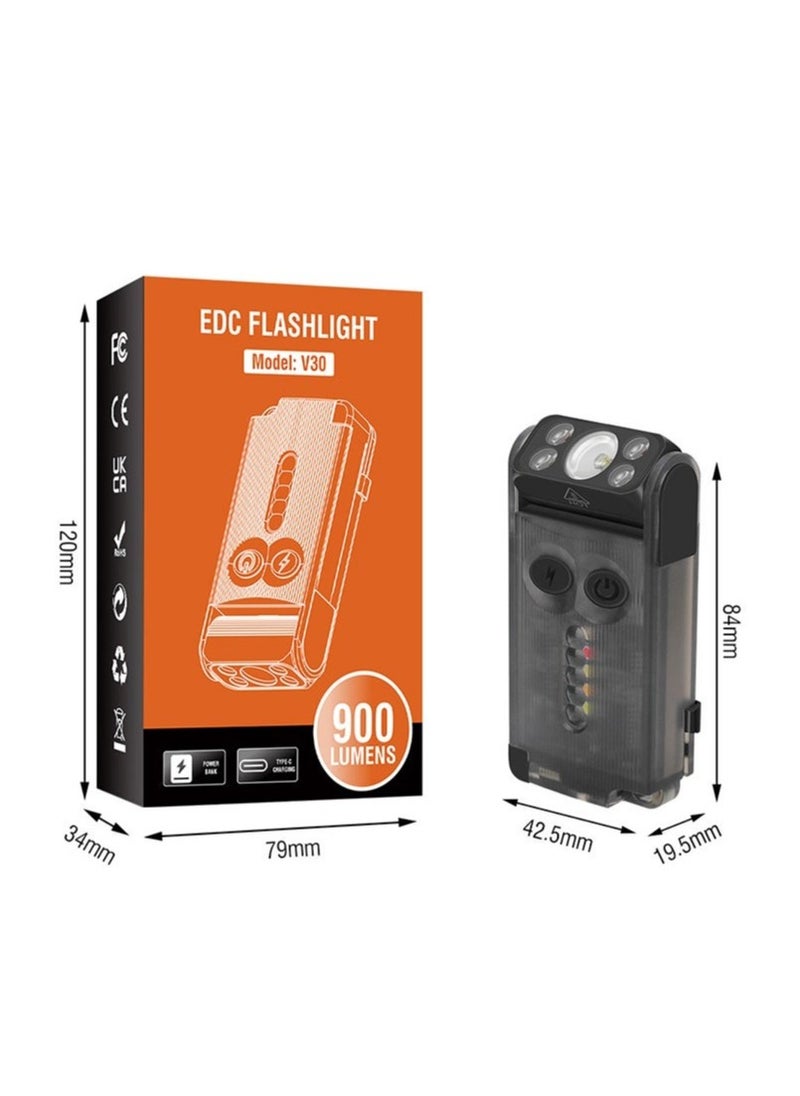 V30 LED Keychain EDC Fluorescence Flashlight Clip Warm Work Light Type-C Rechargeable Torch Magnet Camping Pocket Lantern