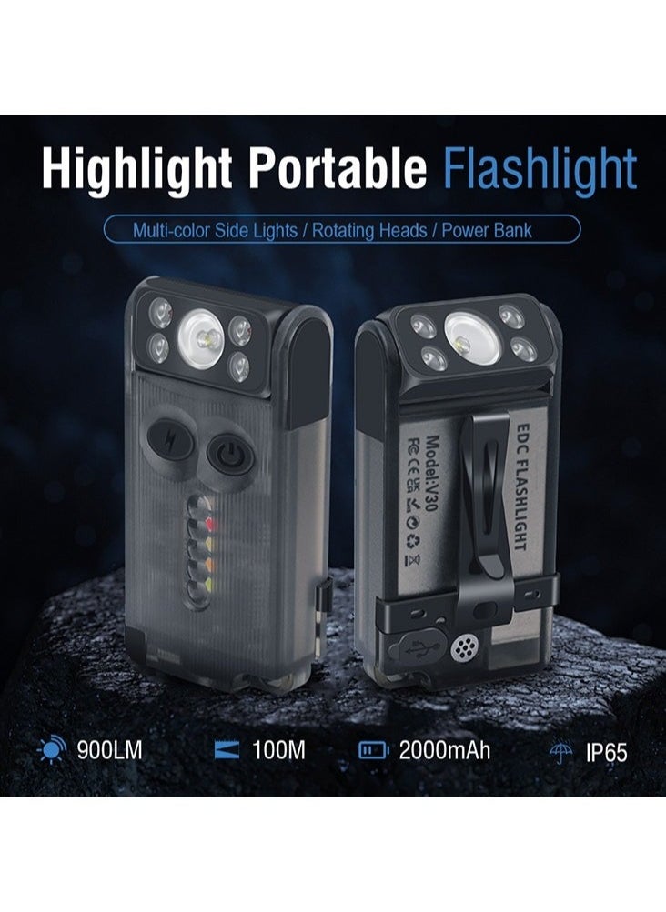 V30 LED Keychain EDC Fluorescence Flashlight Clip Warm Work Light Type-C Rechargeable Torch Magnet Camping Pocket Lantern