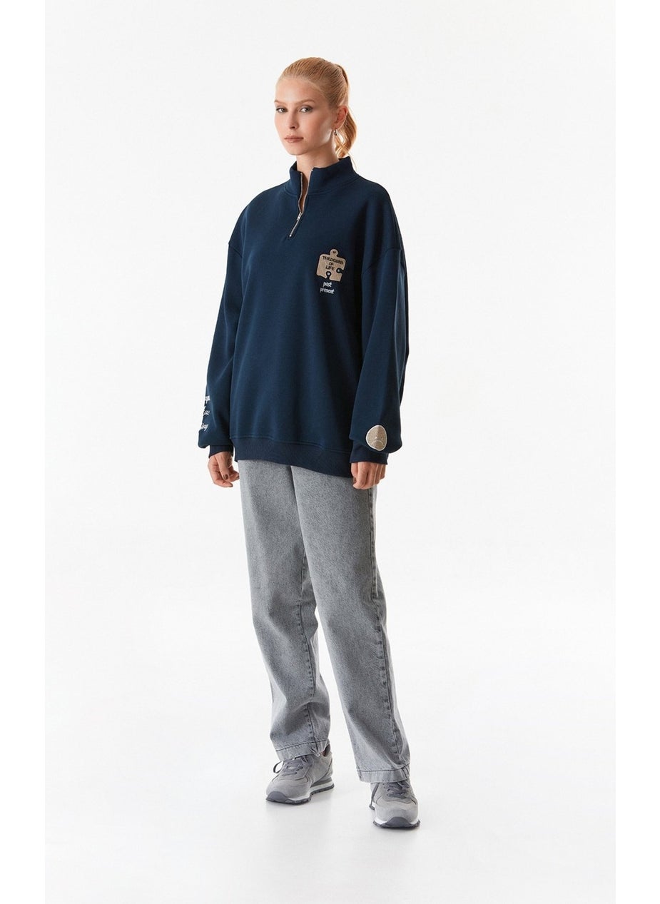 Embroidered Stand Collar Half Zipper Oversize Sweatshirt