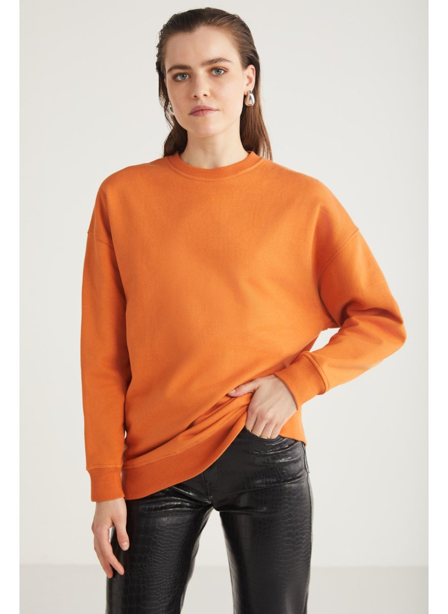 Allys Women's Crew Neck Oversize Basic Orange Sweatshirt