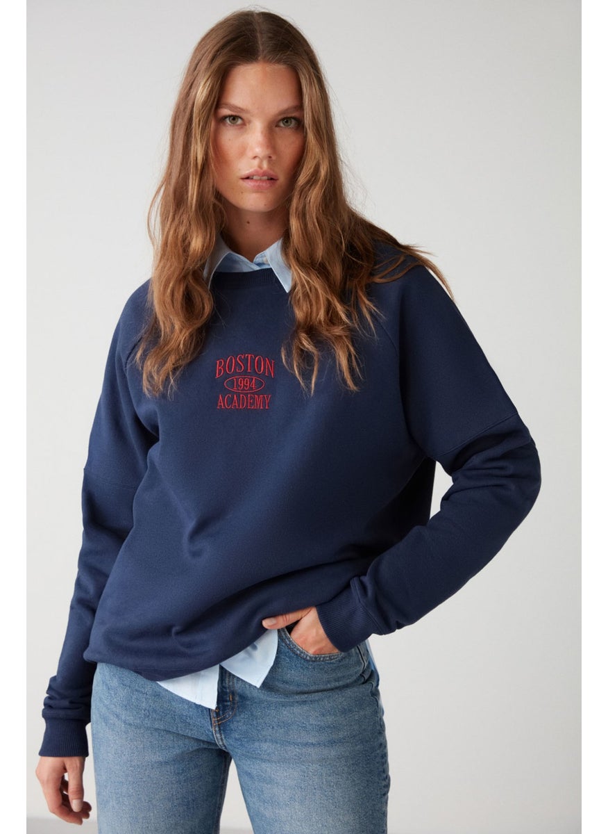 Adrielle Relaxed Fit Embroidery Printed Knitted Crew Neck Navy Blue Sweatshirt