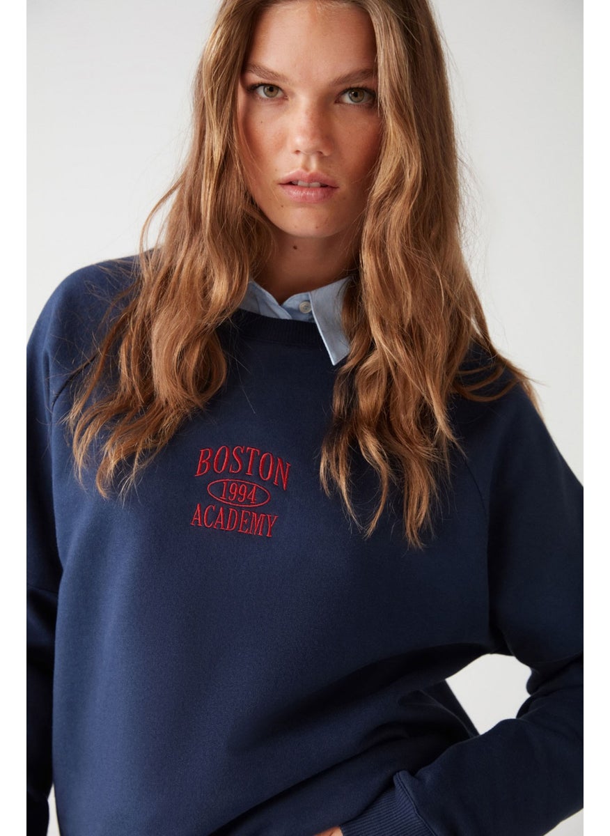 Adrielle Relaxed Fit Embroidery Printed Knitted Crew Neck Navy Blue Sweatshirt