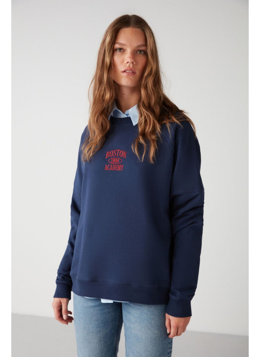 Adrielle Relaxed Fit Embroidery Printed Knitted Crew Neck Navy Blue Sweatshirt